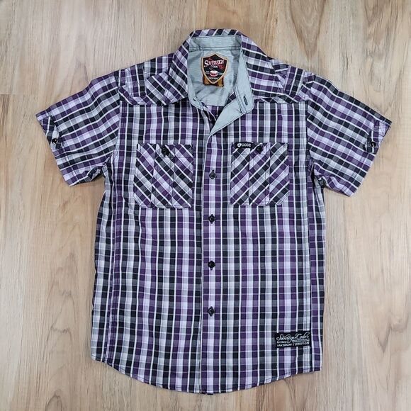 🧡Sovereign Code Purple Plaid Buttoned Short Sleeve Shirt Small - Picture 1 of 11